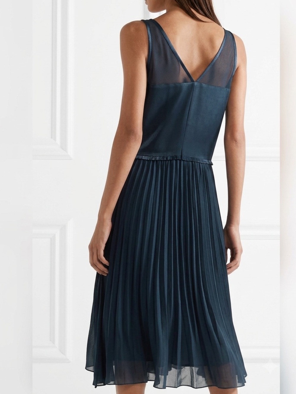 Malene Birger Carrol Satin Pleated Chiffon Midi Dress Deep Blue Wedding Guest 4